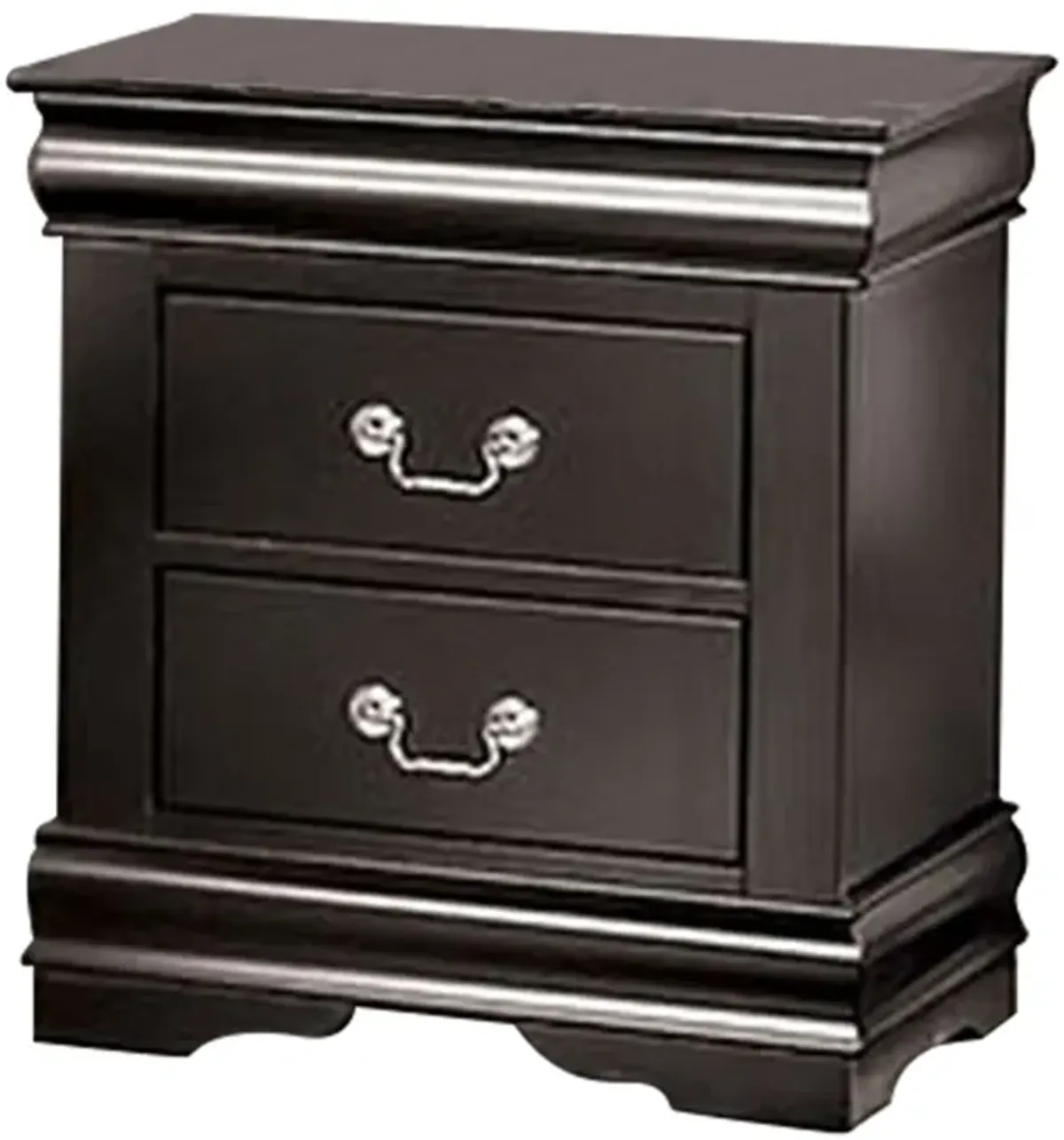 Ryla Nightstand, 2 Drawers, Black Solid Wood, Nickel Metal Drop Handles