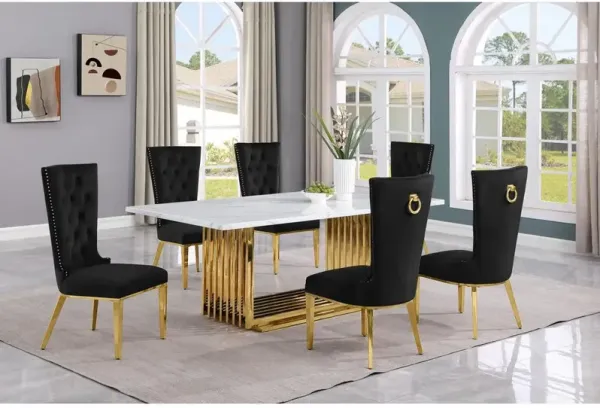 7pc Large(79") marble top dining set with gold base and 6 Black side chairs