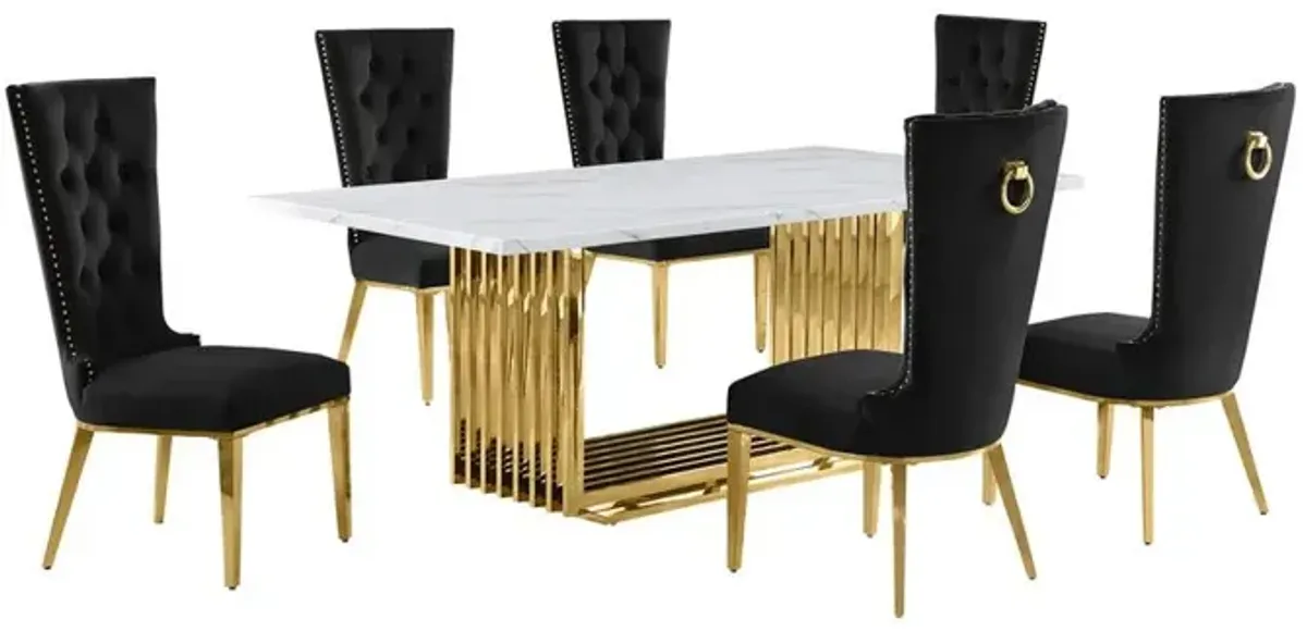 7pc Large(79") marble top dining set with gold base and 6 Black side chairs