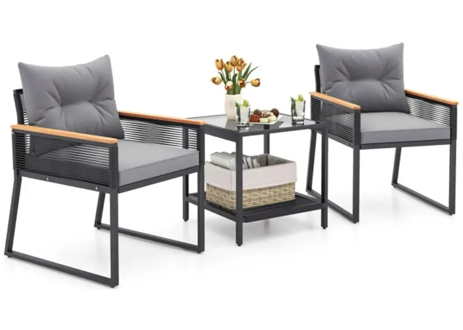 Hivvago 3 Pieces Patio Furniture Set with 2 Tier Coffee Table and Soft Seat Cushions