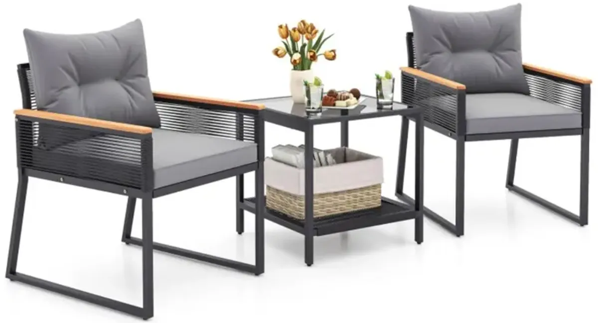 Hivvago 3 Pieces Patio Furniture Set with 2 Tier Coffee Table and Soft Seat Cushions