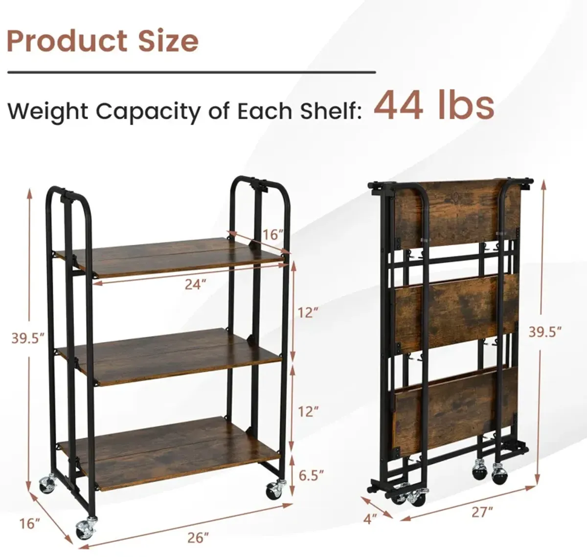 Foldable Rolling Cart with Storage Shelves for Kitchen