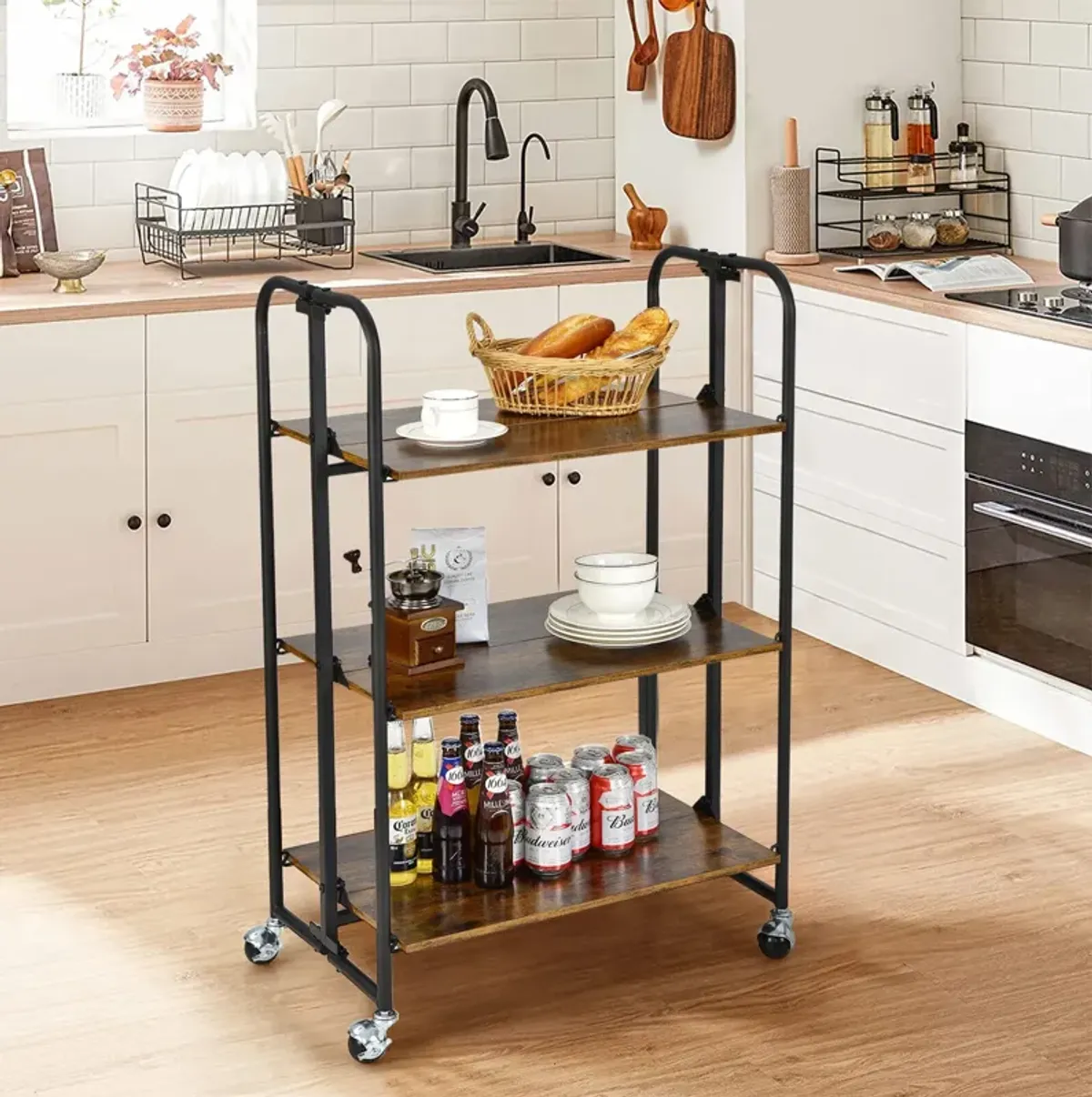 Foldable Rolling Cart with Storage Shelves for Kitchen