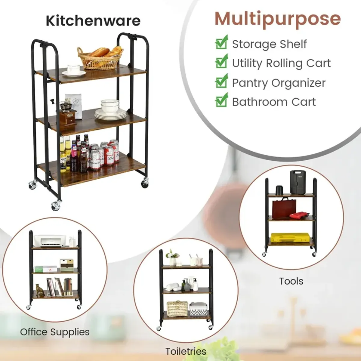 Foldable Rolling Cart with Storage Shelves for Kitchen