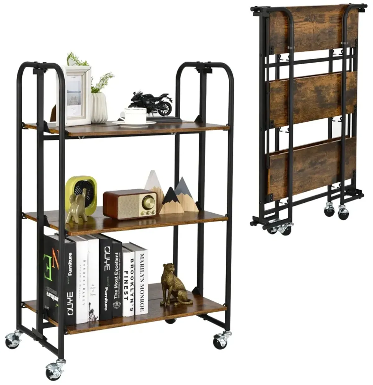 Foldable Rolling Cart with Storage Shelves for Kitchen