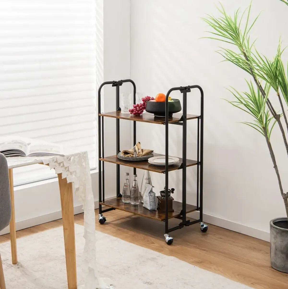 Foldable Rolling Cart with Storage Shelves for Kitchen