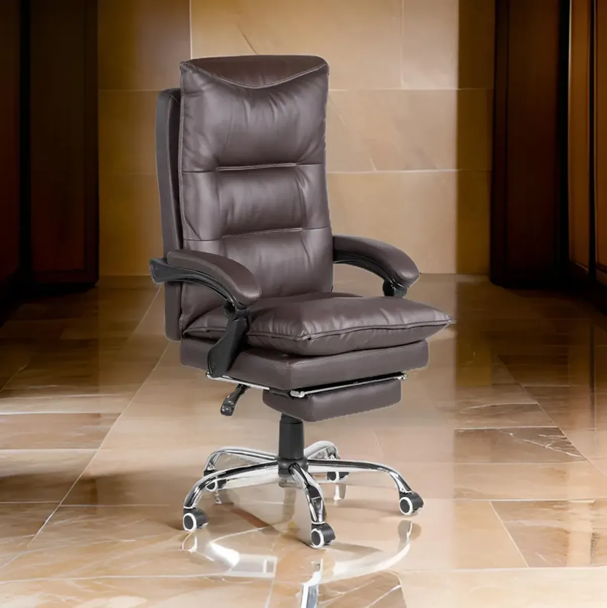 Elin 46 Inch Office Chair Recliner, Footrest, Brown Faux Leather, Wheels - Benzara