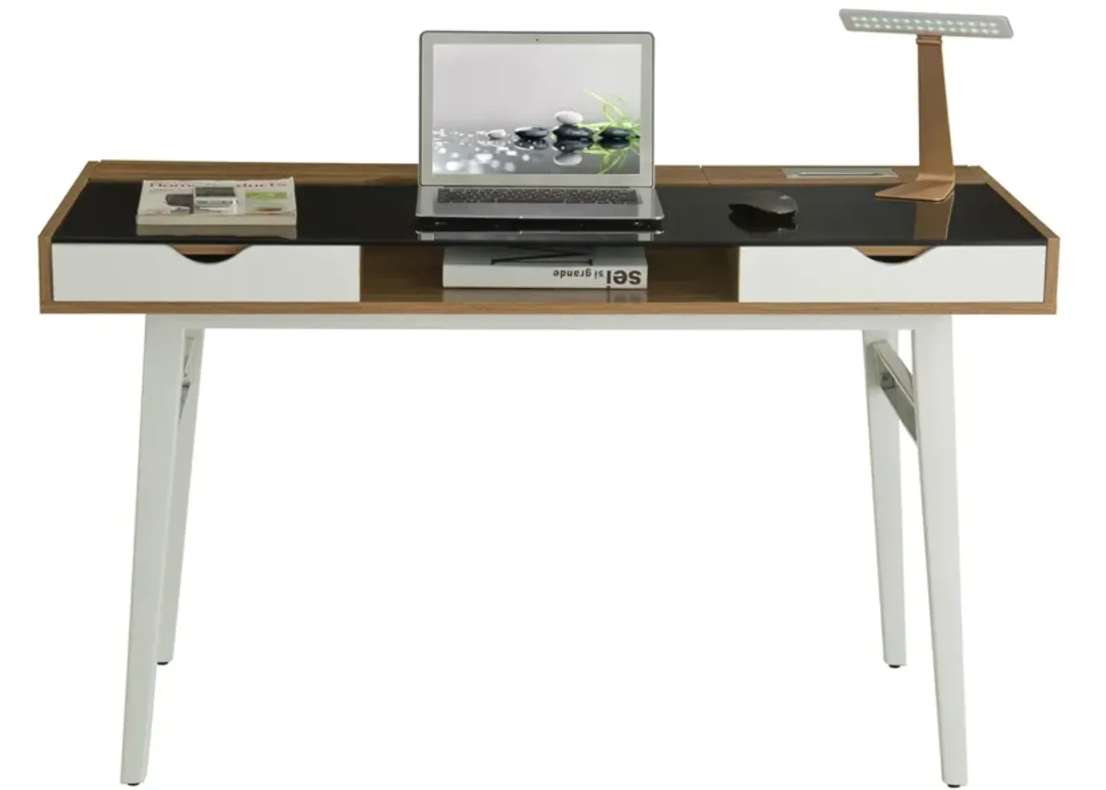 Compact Computer Desk with Multiple Storage, Walnut