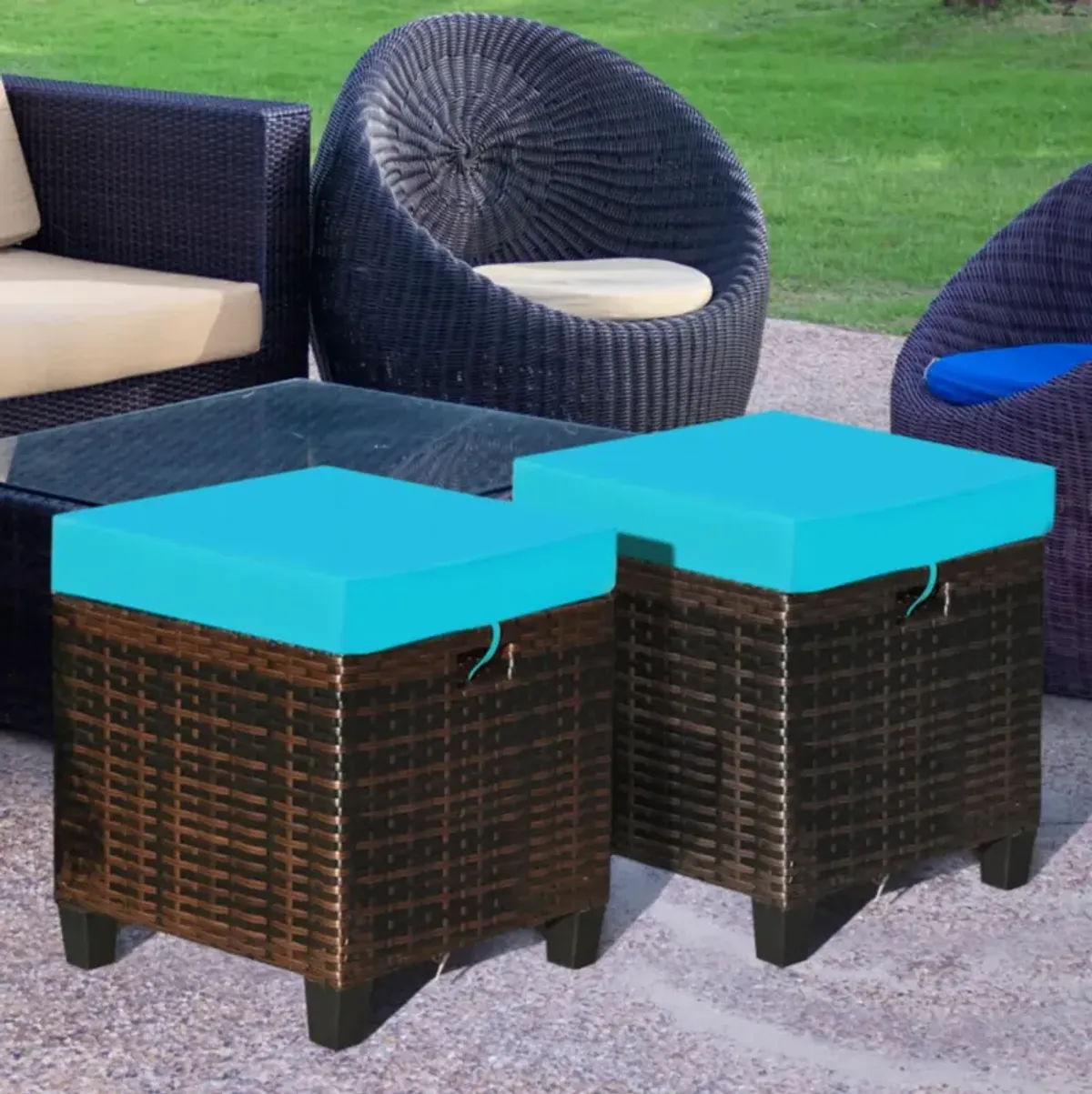 Hivvago 2 Pieces Patio Rattan Ottoman Set with Removable Cushions