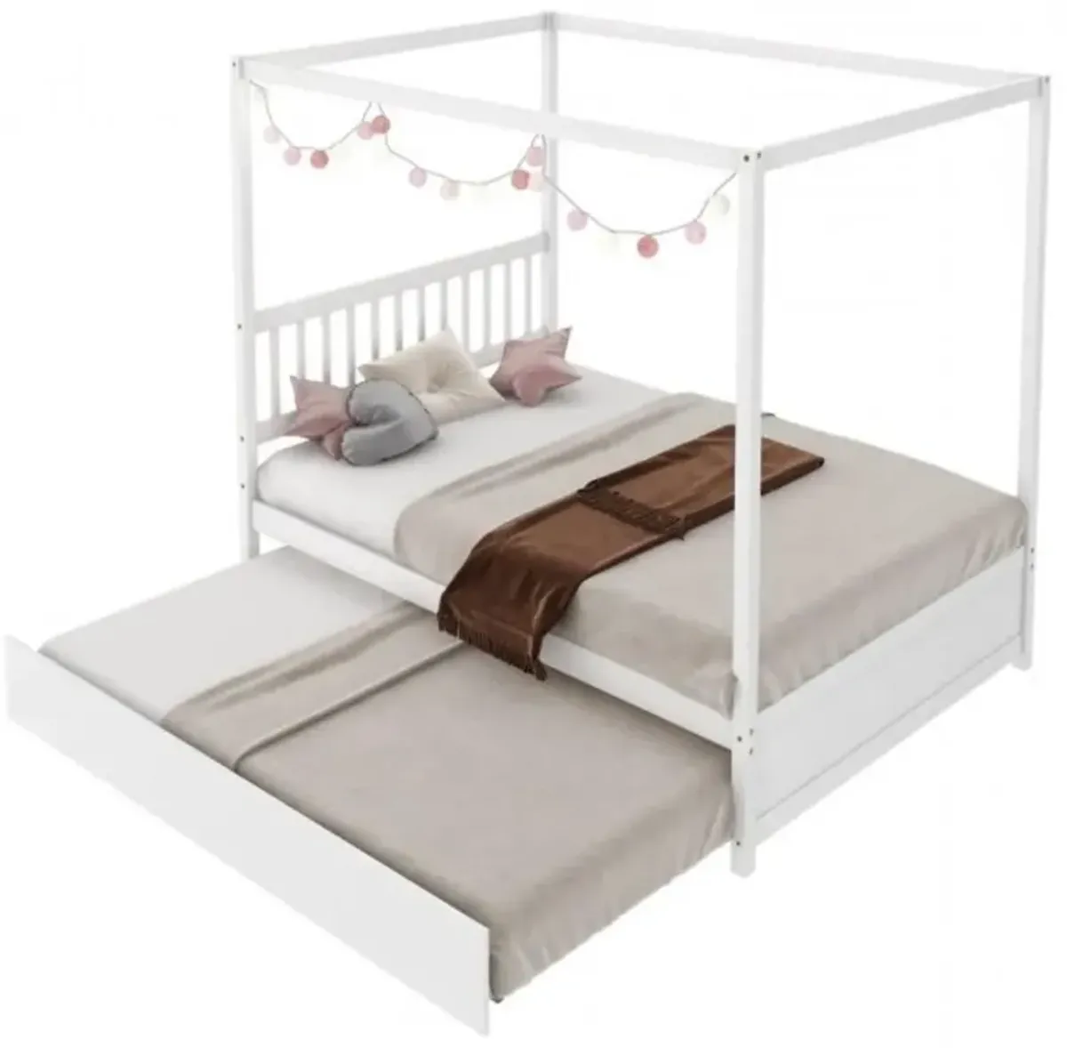 Full Size Canopy Platform Bed with Twin Roller Trundle Bed