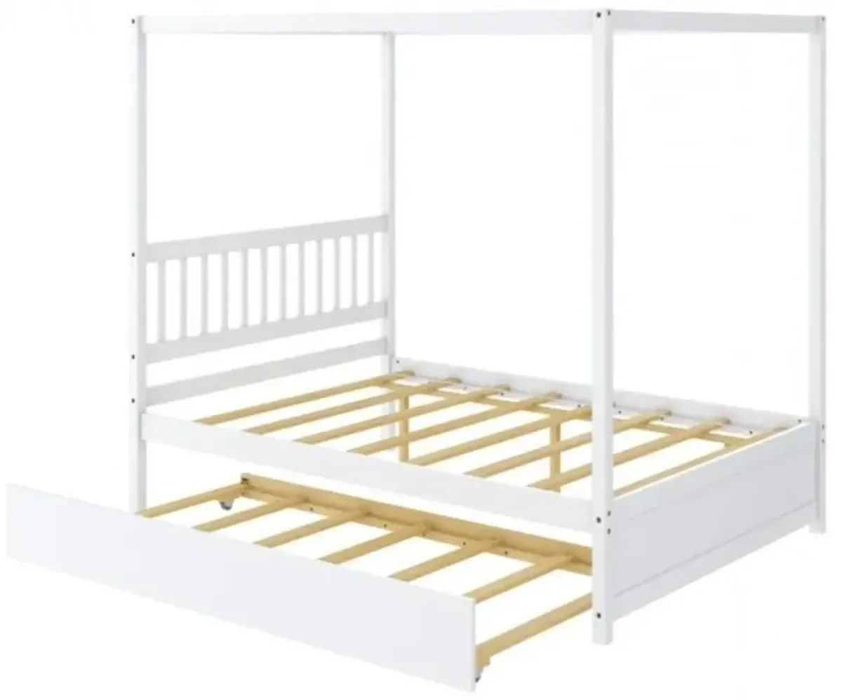 Full Size Canopy Platform Bed with Twin Roller Trundle Bed