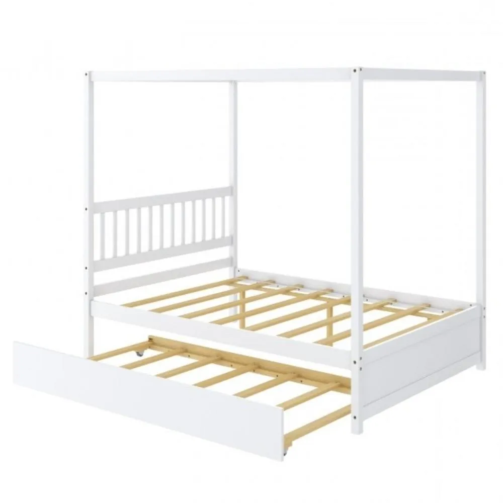 Full Size Canopy Platform Bed with Twin Roller Trundle Bed