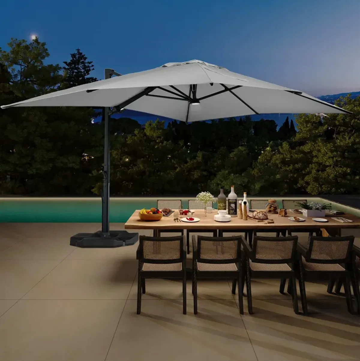 10x13 ft. 360 Rotation Cantilever Umbrella with BaseandLED Light in Gray