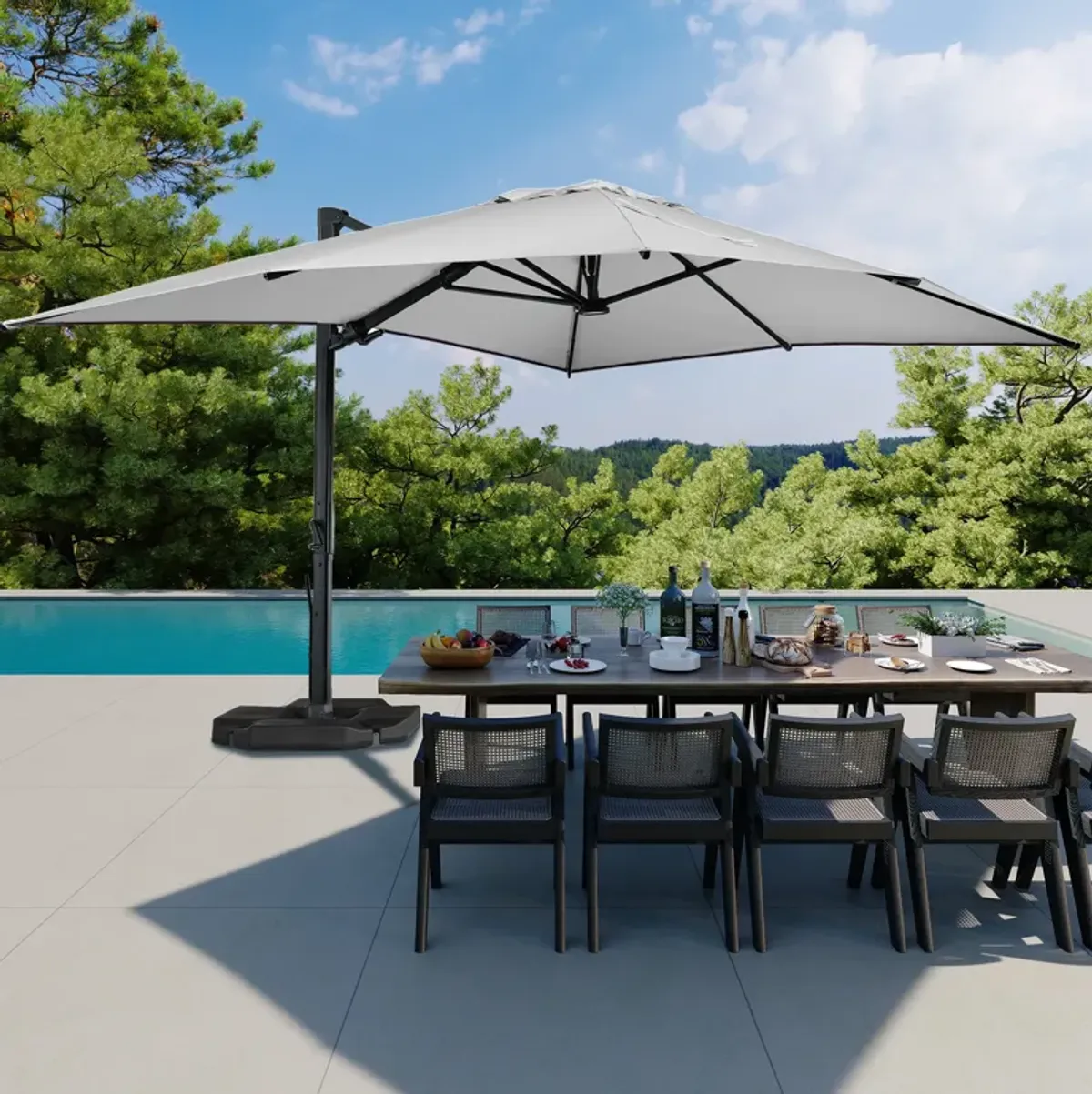 10x13 ft. 360 Rotation Cantilever Umbrella with BaseandLED Light in Gray