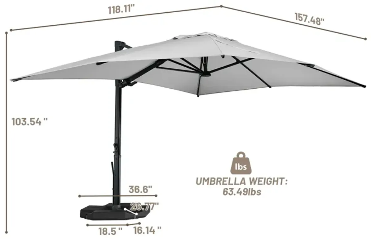 10x13 ft. 360 Rotation Cantilever Umbrella with BaseandLED Light in Gray