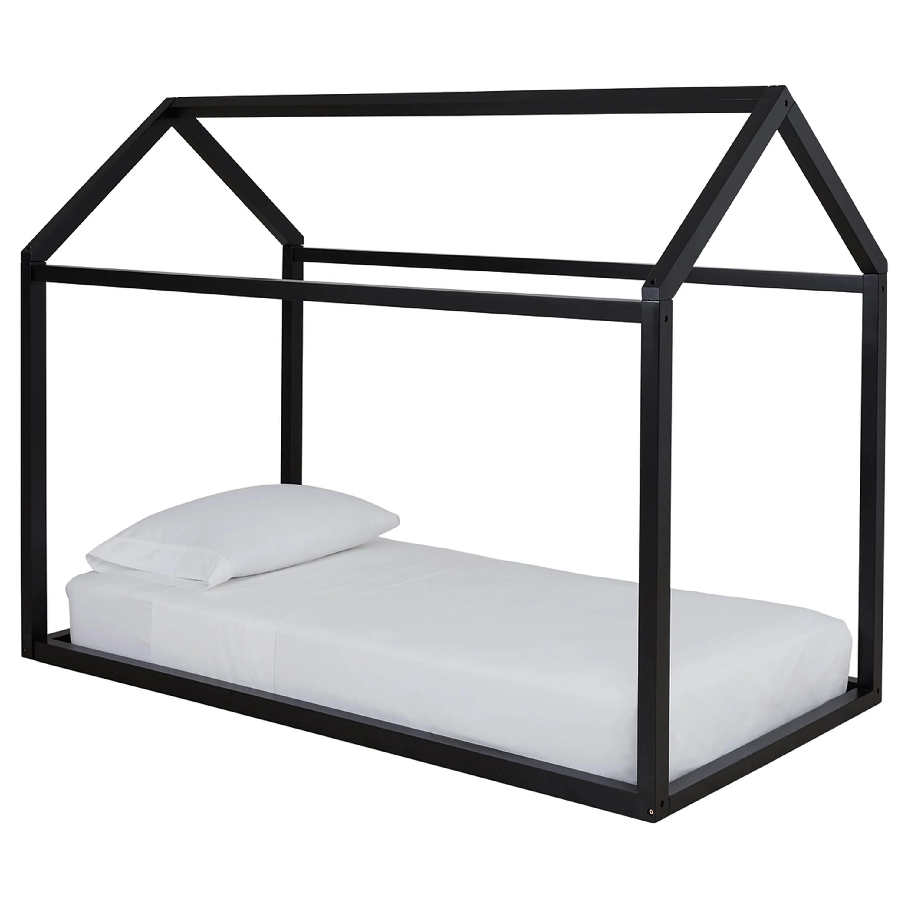 Twin Bed Frame with House Shaped Design, Black-Benzara