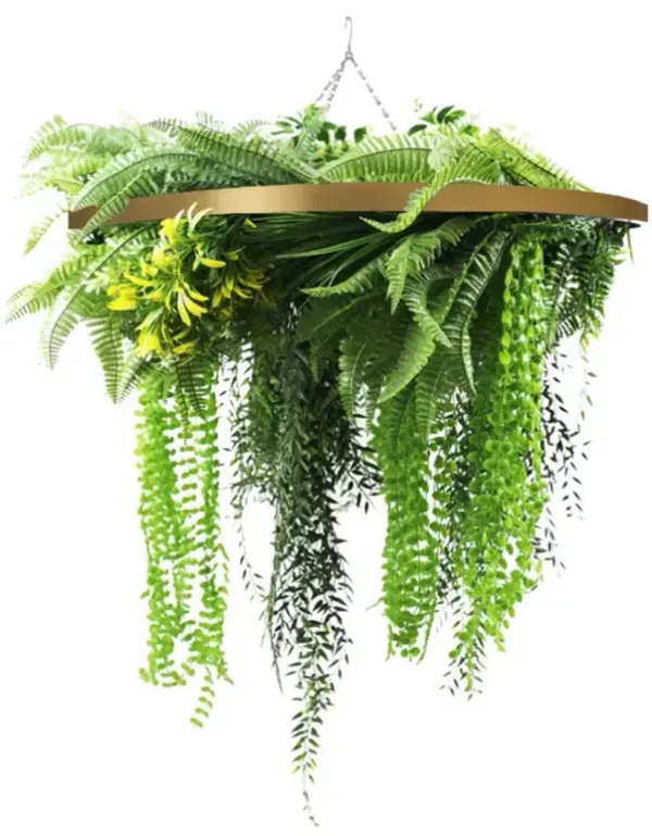 Gold Framed Roof Hanging Disc With Draping Life-Like Ferns and Plants 31.5" UV Resistant