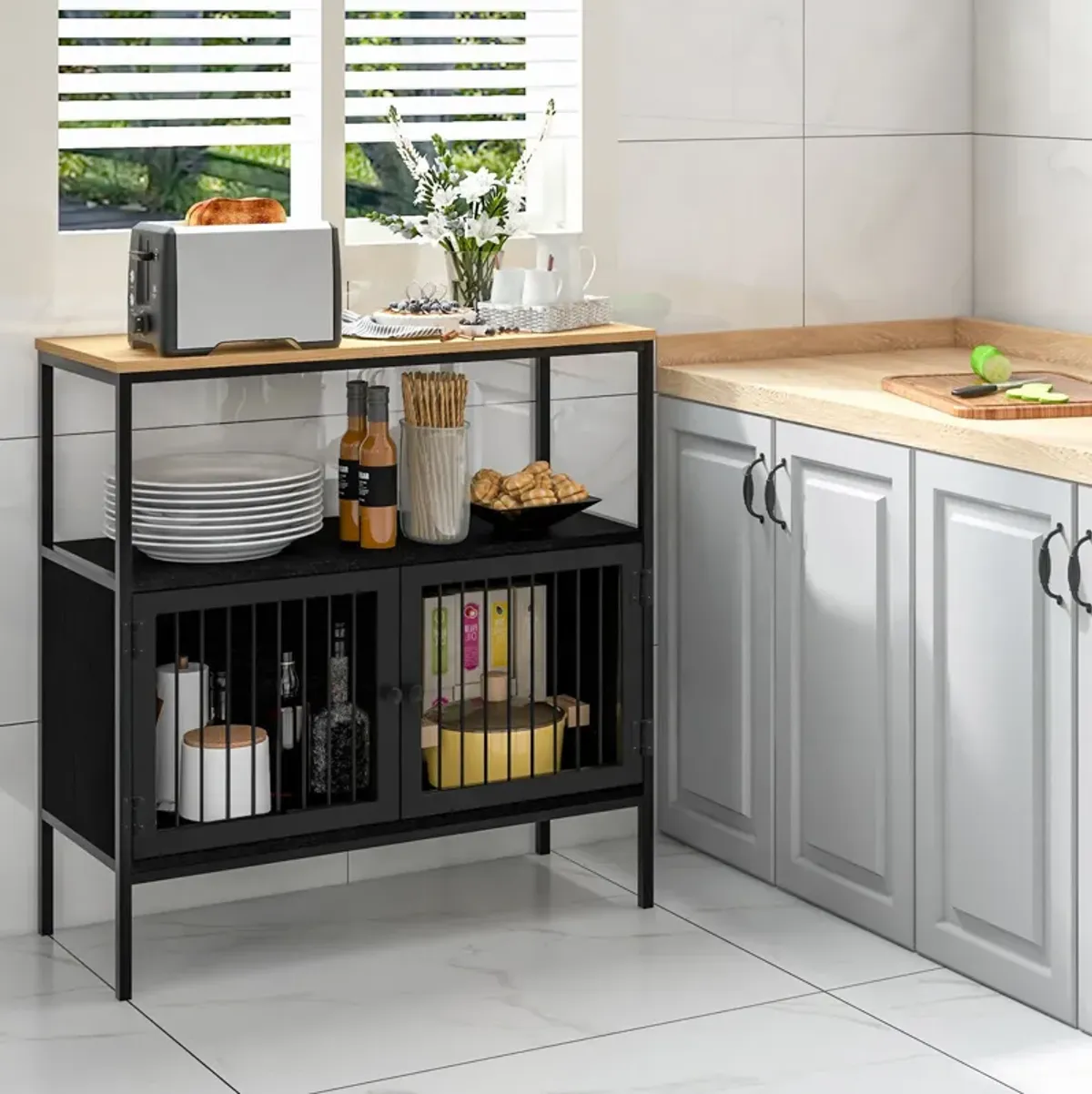 Kitchen Buffet Cabinet with 2 Doors and Open Shelf-Black