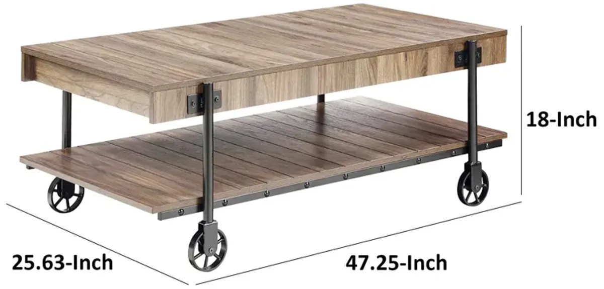 Loak 47 Inch Coffee Table, Brown Plank Top, Bottom Shelf, Wheels, Black - Benzara