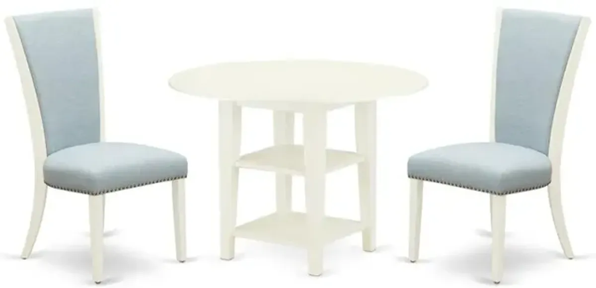 East-West Furniture SUVE3-LWH-15 - A kitchen dining table set of 2 great kitchen dining chairs with Linen Fabric Baby Blue color and an attractive drop leaf and two shelves round kitchen table with Li