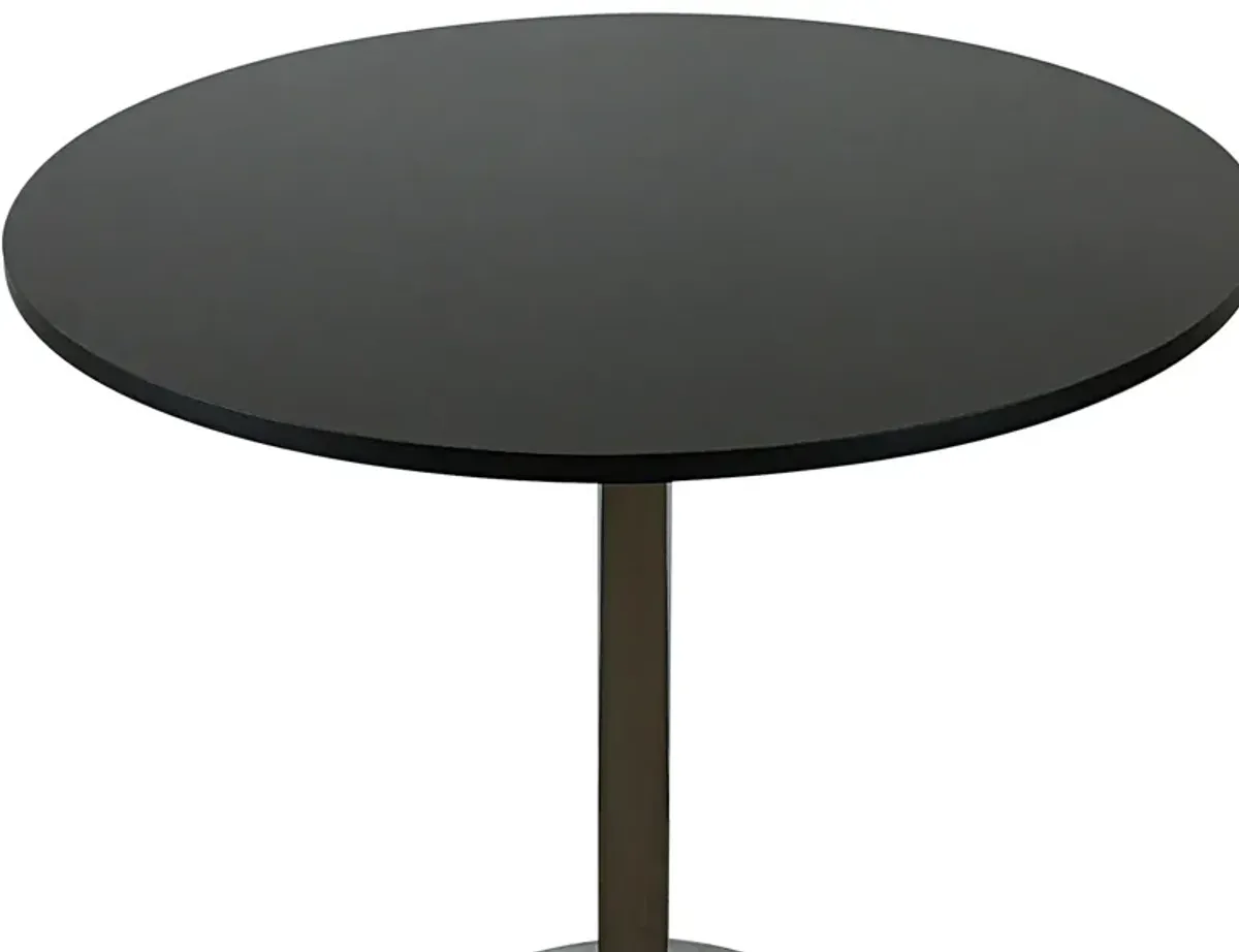 Mari 36 Inch Dining Table, Smooth Black Round Top and Stainless Steel Base - Benzara