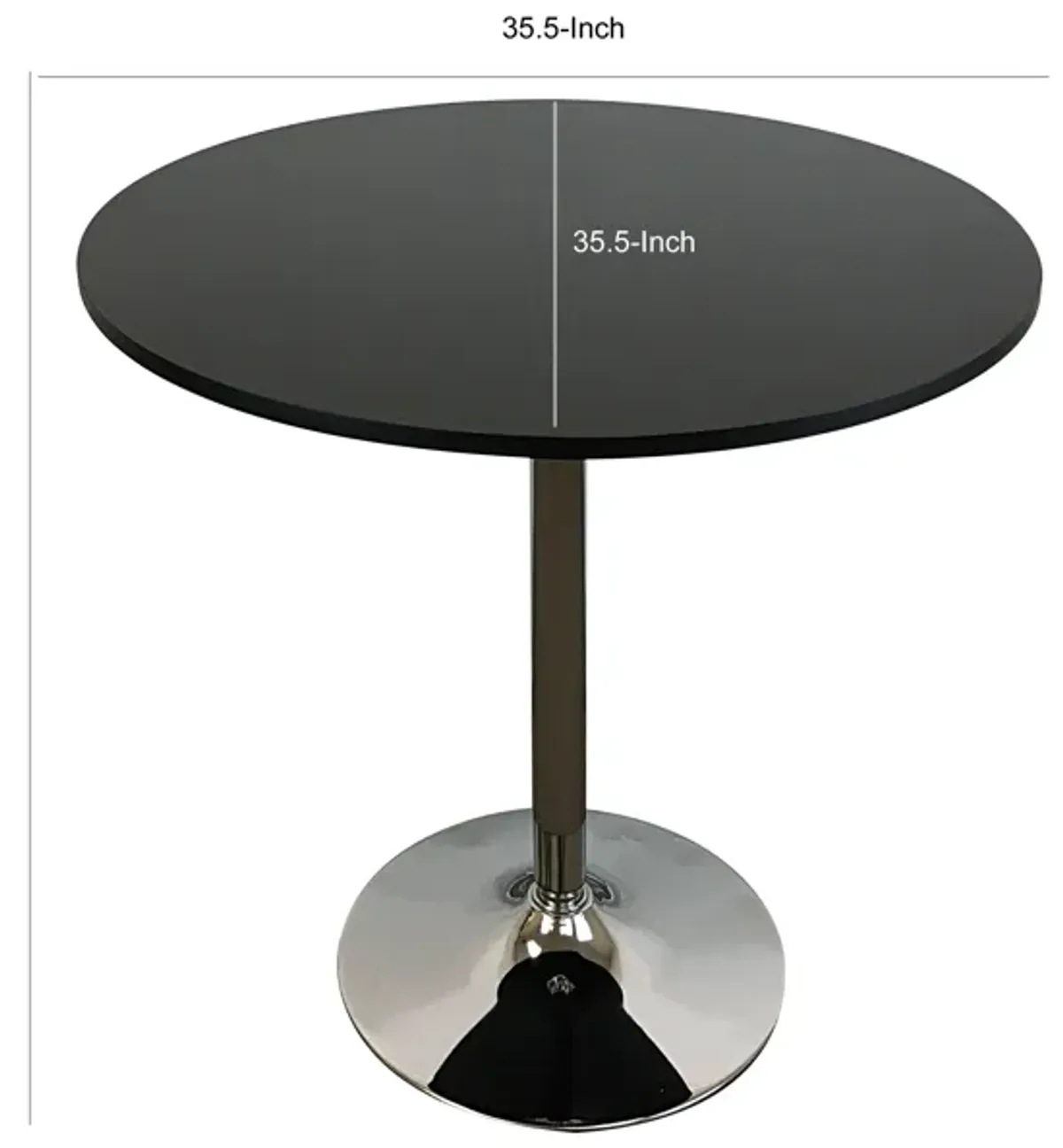 Mari 36 Inch Dining Table, Smooth Black Round Top and Stainless Steel Base - Benzara