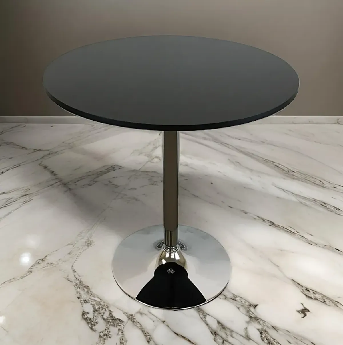 Mari 36 Inch Dining Table, Smooth Black Round Top and Stainless Steel Base - Benzara