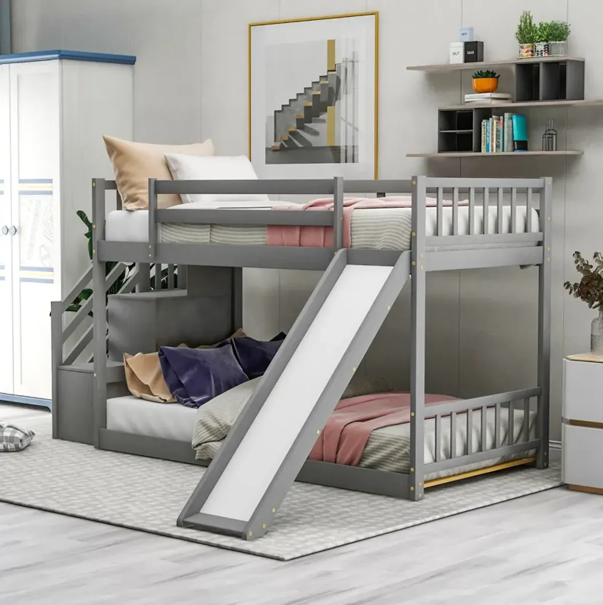 Merax Twin over Twin Bunk Bed with Convertible Slide and Stairway