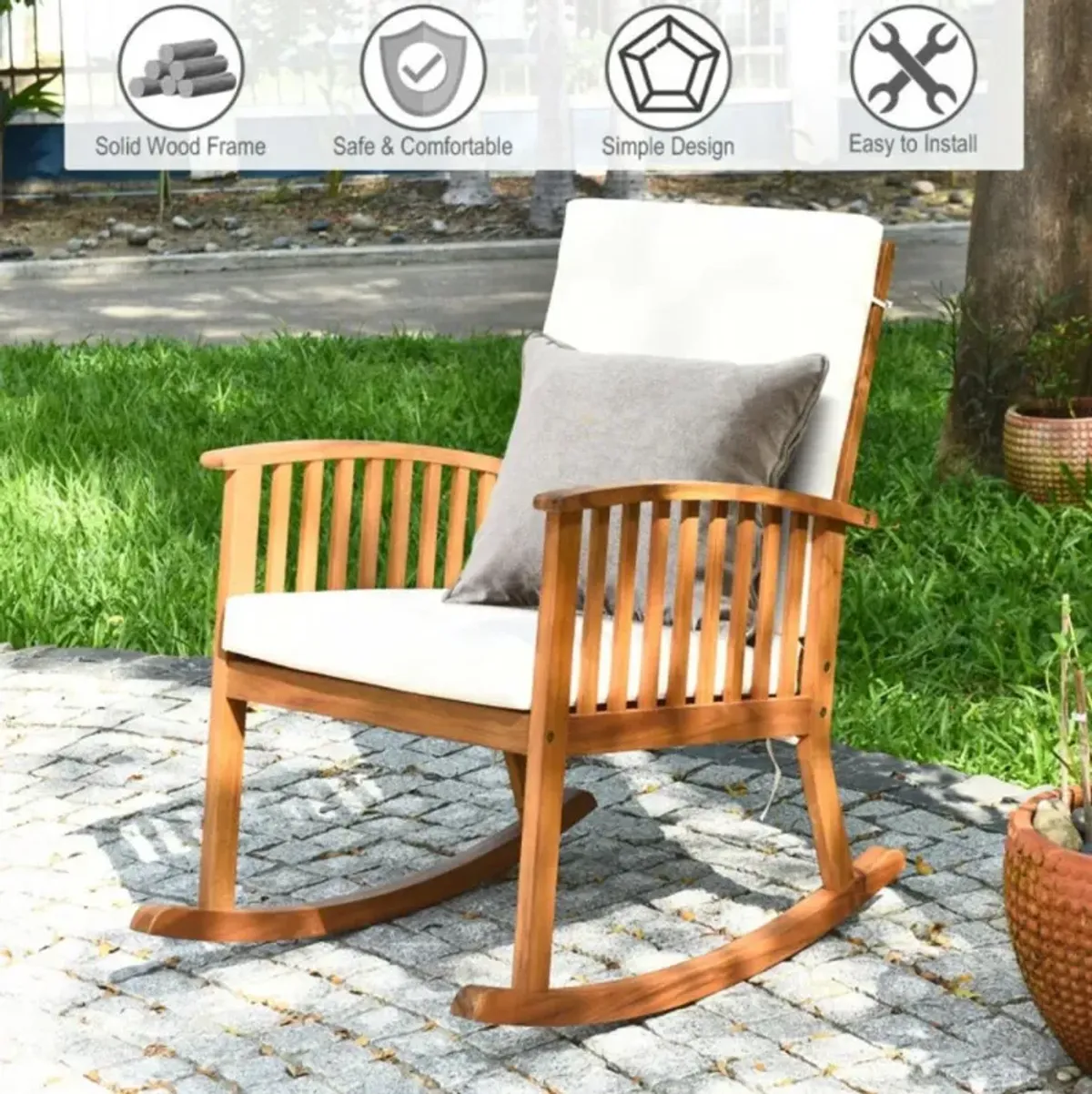 Hivvago Outdoor Acacia Wood Rocking Chair with Detachable Washable Cushions