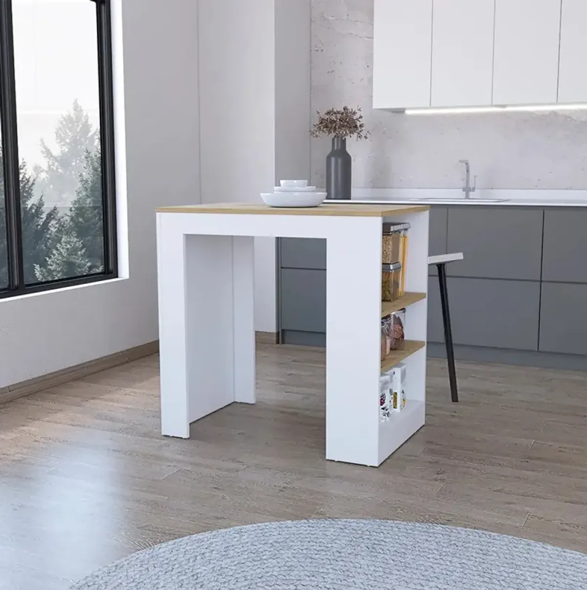 Highlands Kitchen Island With Storage Base In White And Macadamia