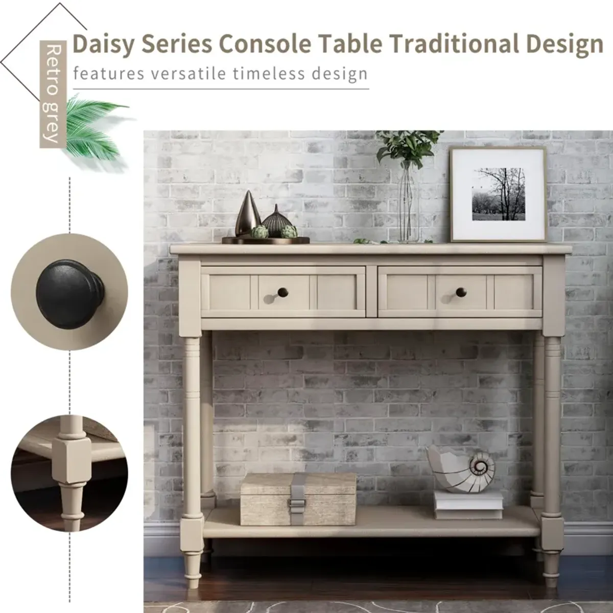 Daisy Series Console Table Traditional Design with Two Drawers and Bottom Shelf