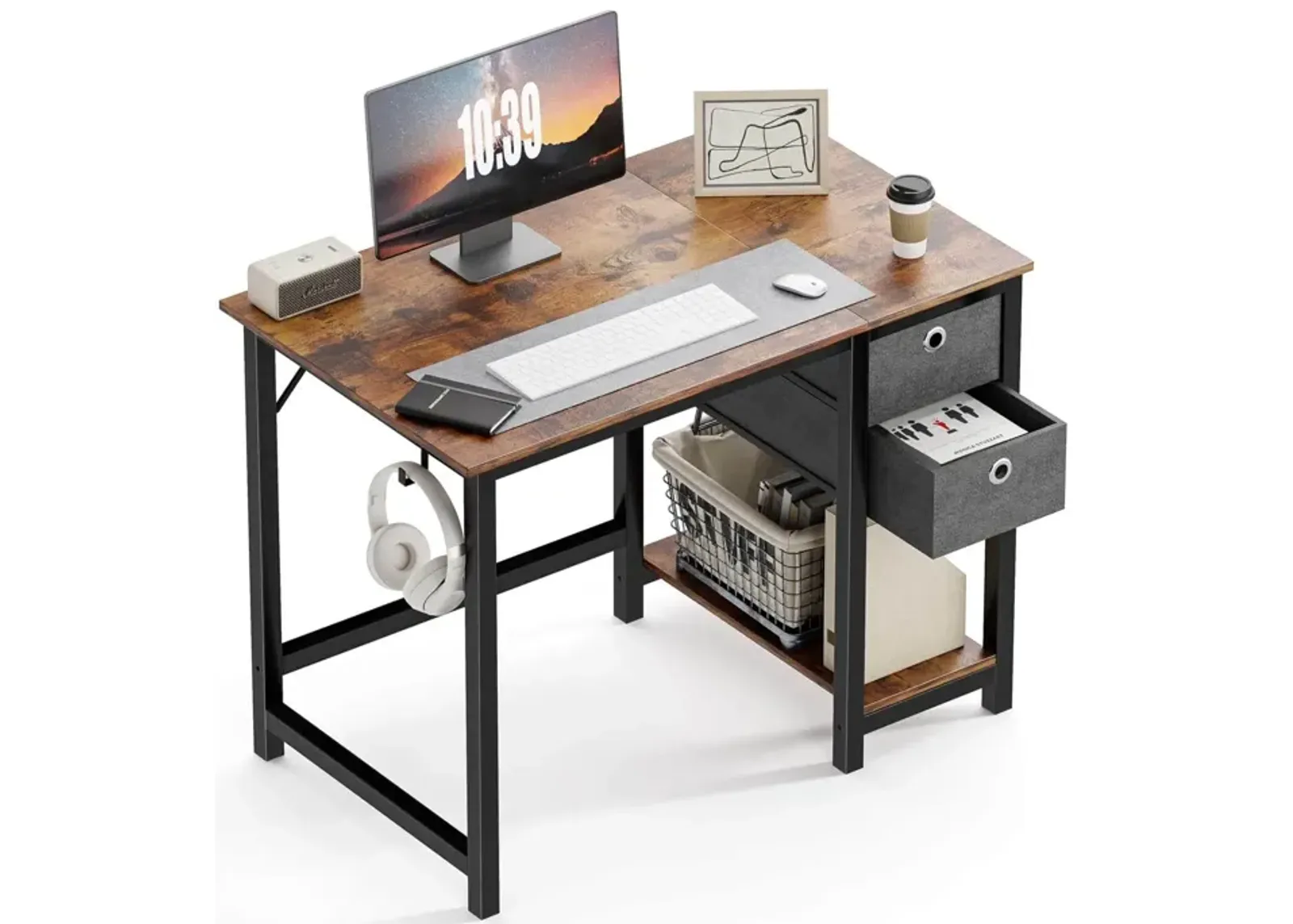 Modern Simple Style Home Office Writing Desk With 2-Tier Drawers Storage, Vintage Rustic, 40"