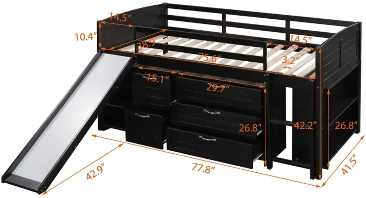 Low Twin Size Loft Bed With Cabinets, Shelves And Slide