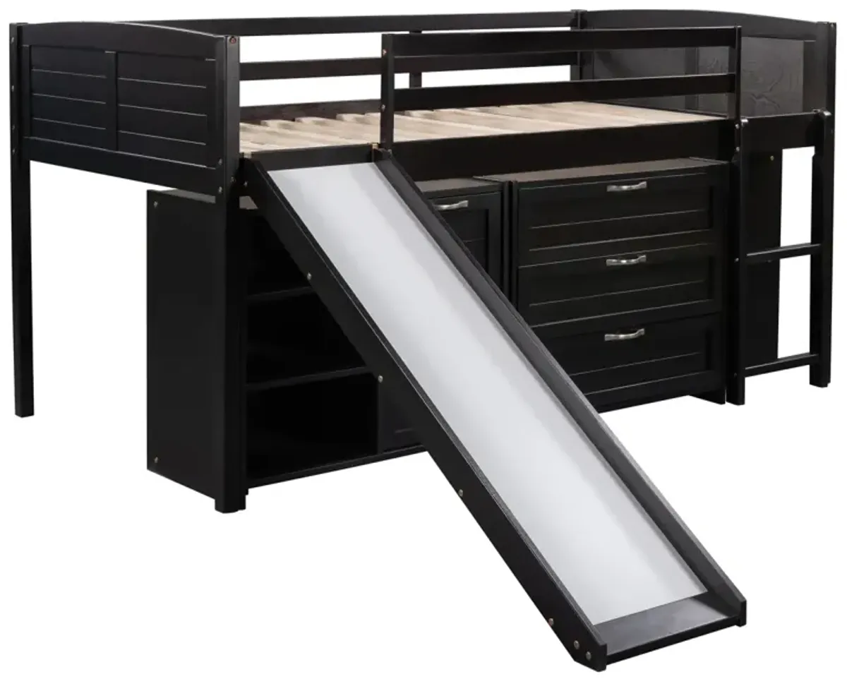 Low Twin Size Loft Bed With Cabinets, Shelves And Slide