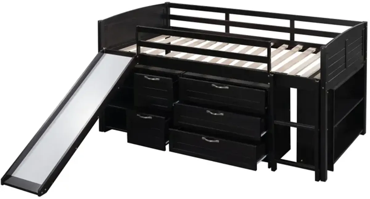 Low Twin Size Loft Bed With Cabinets, Shelves And Slide