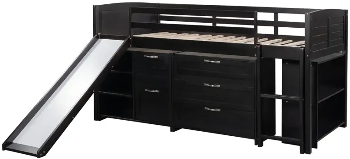 Low Twin Size Loft Bed With Cabinets, Shelves And Slide