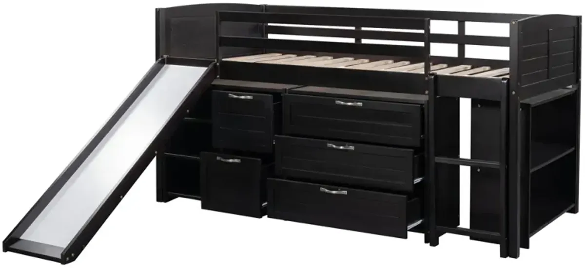 Low Twin Size Loft Bed With Cabinets, Shelves And Slide