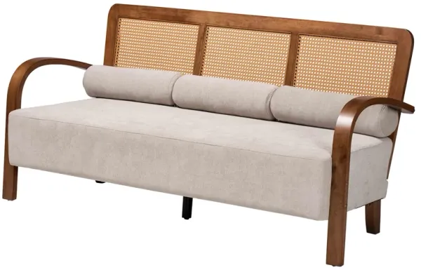 Baxton Studio Sage Modern Japandi Light Grey Fabric and Walnut Brown Finished Wood Sofa with Woven Rattan