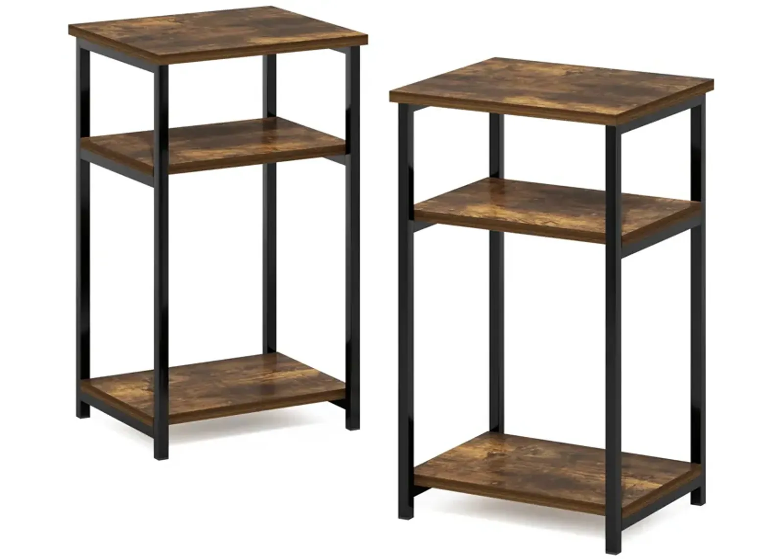 Furinno Just 3-Tier Metal Frame End Table with Storage Shelves, 2-Pack, Amber Pine