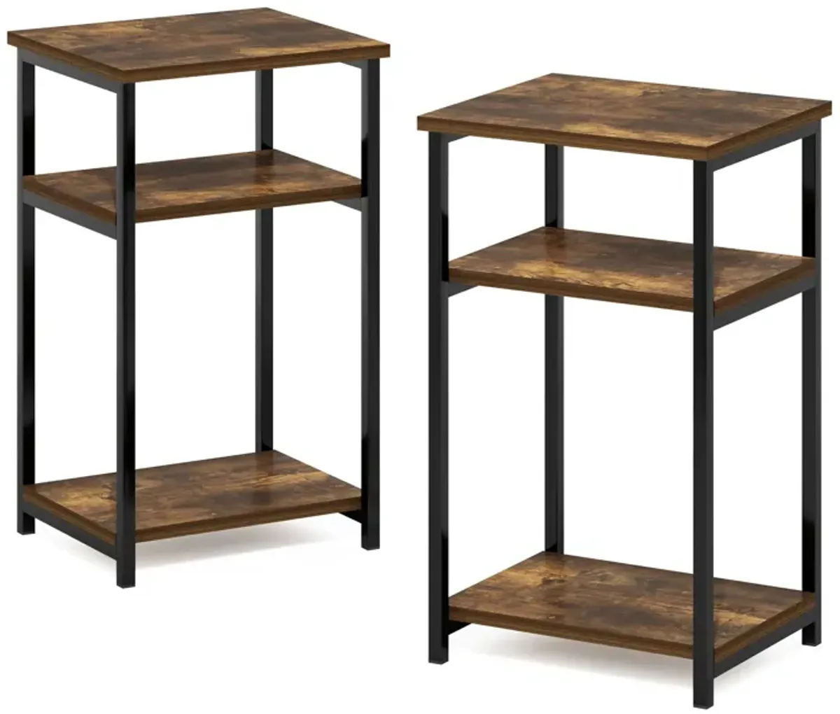 Furinno Just 3-Tier Metal Frame End Table with Storage Shelves, 2-Pack, Amber Pine