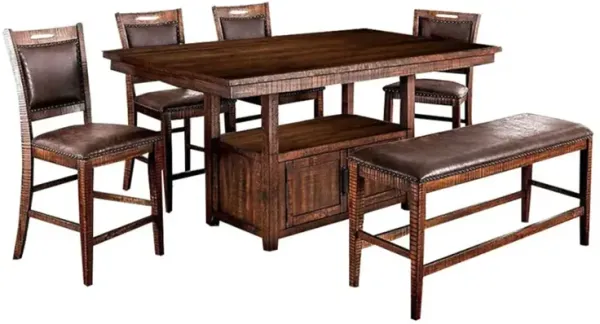 Chiki 7pc Counter Height Table with 6 Dark Oak Faux Leather Chairs - Benzara