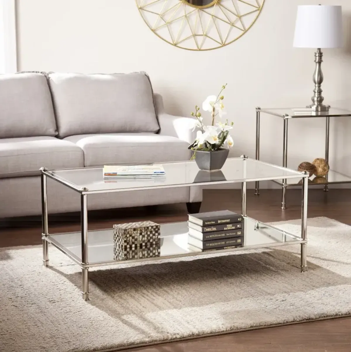 Hivvago 43" Silver Mirrored And Metal Rectangular Mirrored Coffee Table