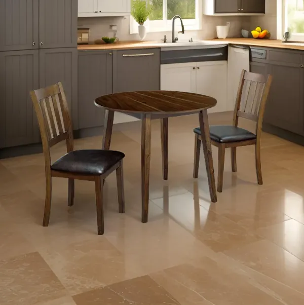 3 Piece Round Dining Table and Leatherette Chair Set, Brown-Benzara