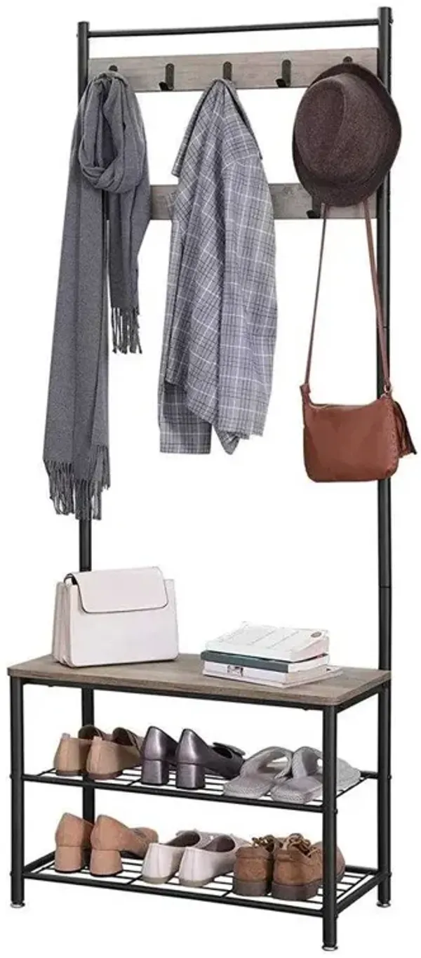 Modern Industrial Entryway Coat Rack with Shoe Bench and Two-Tier Storage Shelves