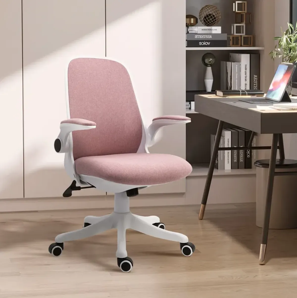 Pink Office Comfort: Linen-Touch Fabric Swivel Chair with Lumbar Support