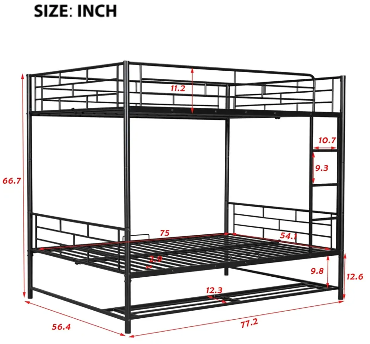 Full Over Full Metal Bunk Bed With Shelf And Guardrails