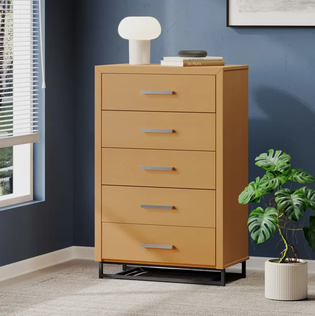 5-Drawer Minimalist Dresser with Display Top and Iron Base