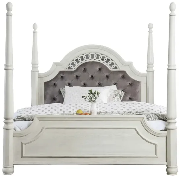 Wooden California King Bed with Fabric Upholstered Headboard,White and Gray - Benzara