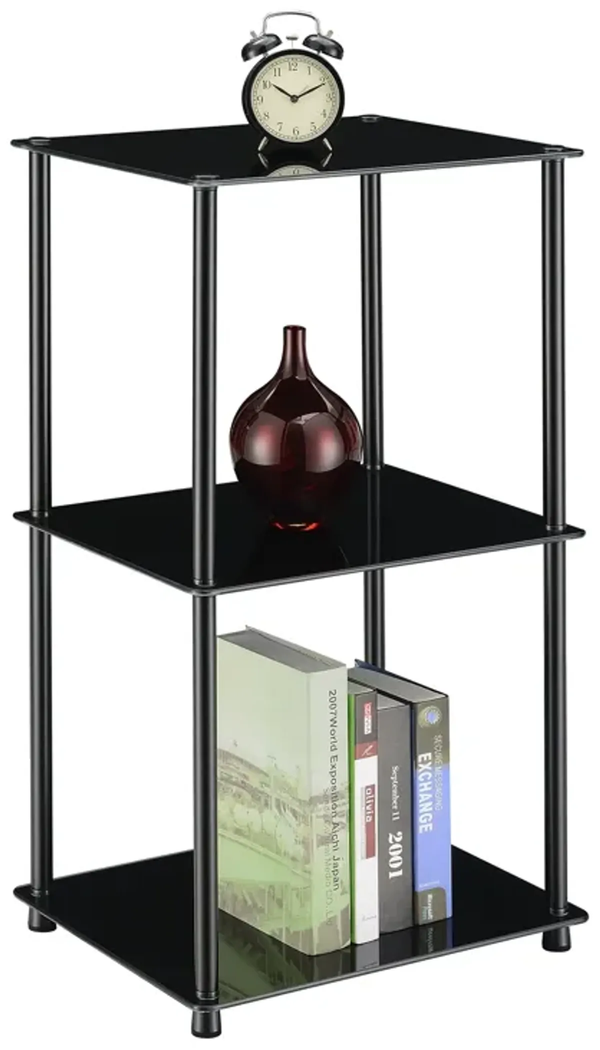 Convenience Concepts Designs2Go Midnight Classic 3-Tier Glass Square End/Lamp Table, Black Glass