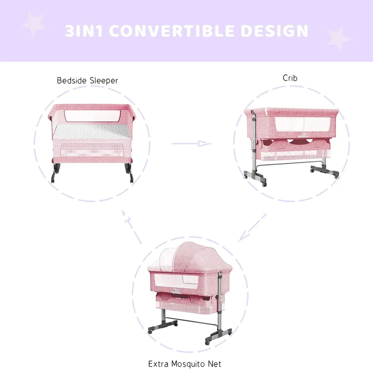 Baby Bassinet Bedside Sleeper 3-in-1 Adjustable Bedside Crib for Newborns & Infants